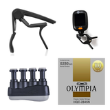 Classic Guitar Accessories Kit - Capo, Strings, Clip-on Chromatic Tuner, & Finger Exerciser